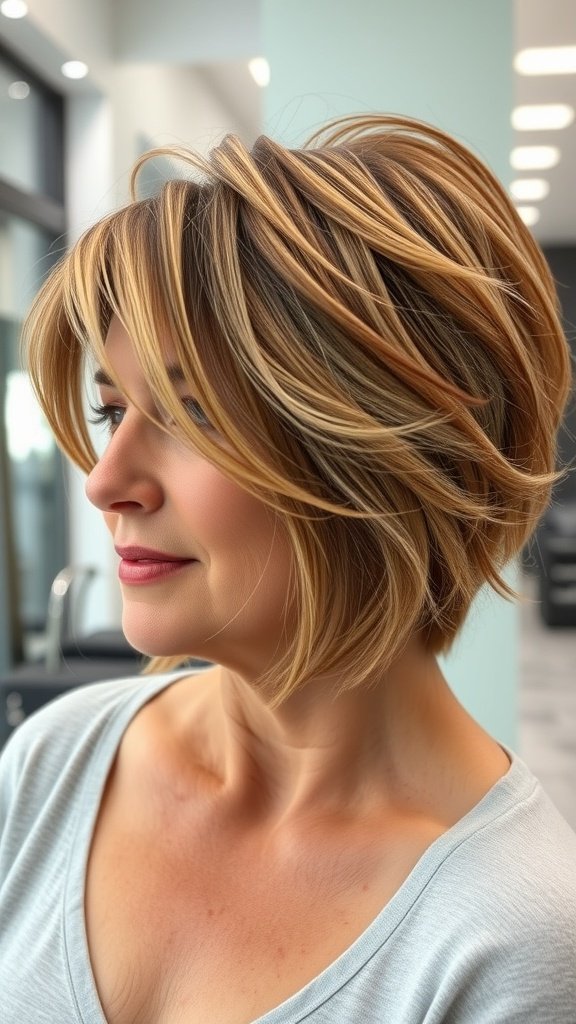 A woman with a layered pixie bob hybrid hairstyle, showcasing soft waves and highlights.