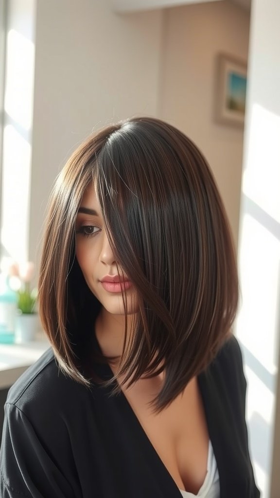 A woman with a long layered bob hairstyle featuring side bangs, showcasing a stylish and modern look.