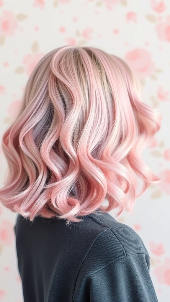 Shoulder-length pastel pink wavy hair against a floral background