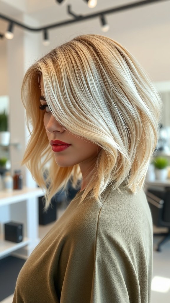 A woman with a classic blonde lob hairstyle, showcasing soft waves and a stylish look.
