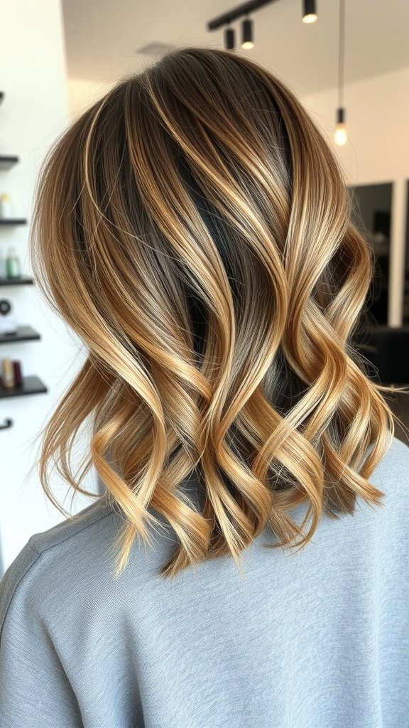 Medium-length layered hairstyle with soft waves and highlights