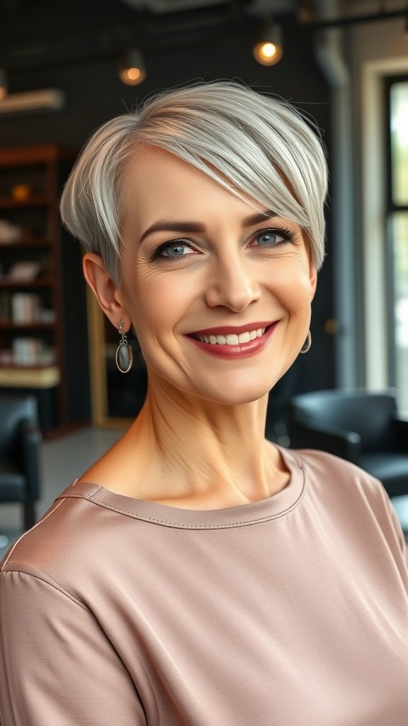 A woman with a sleek side-parted pixie hairstyle, smiling confidently.