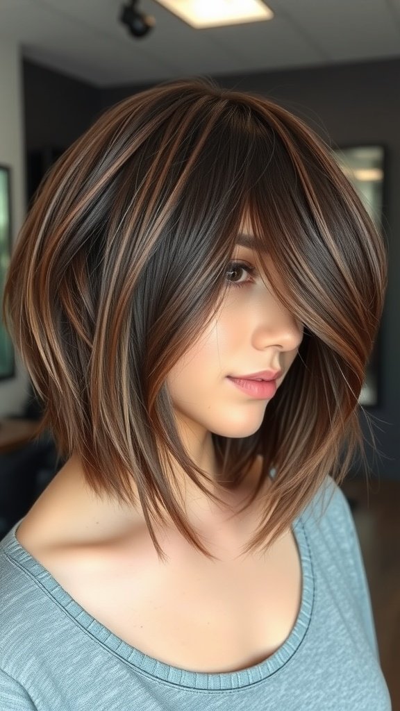A woman with an asymmetrical layered bob hairstyle, showcasing thick hair with highlights.