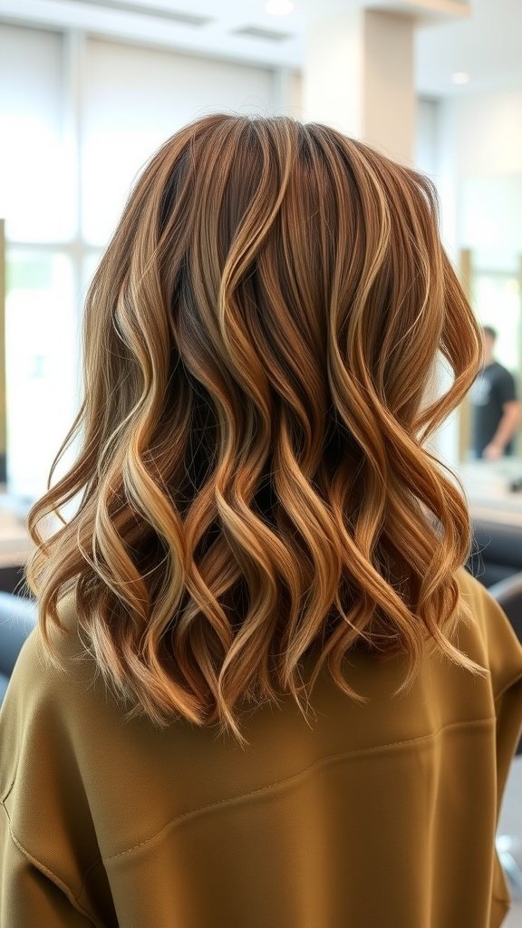 A woman with shoulder-length layered shag hairstyle in olive green color, showcasing soft waves and a stylish cut.