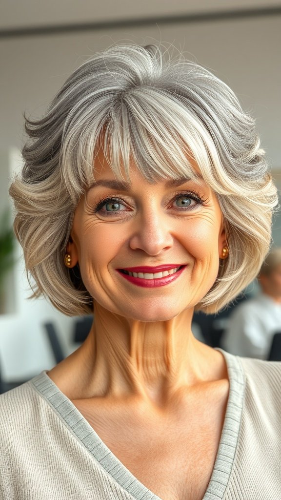 A smiling older woman with a short bob hairstyle featuring outward curls, showcasing a stylish and youthful appearance.