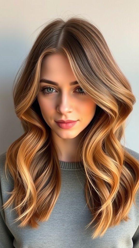 Shoulder-length hairstyle with natural caramel balayage and soft waves