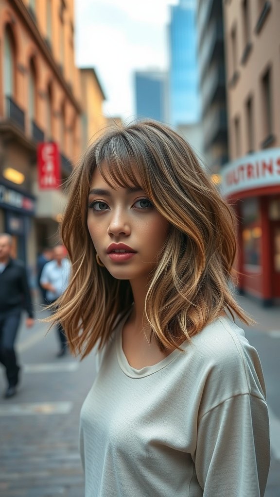 A young woman with retro feathered layers and a middle part, standing in a city street.