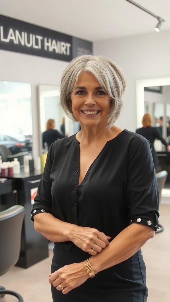 A woman with a soft layered crop hairstyle, smiling in a salon setting.
