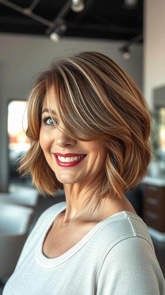 A woman with a stylish bob haircut featuring blended layers and subtle highlights, smiling confidently.