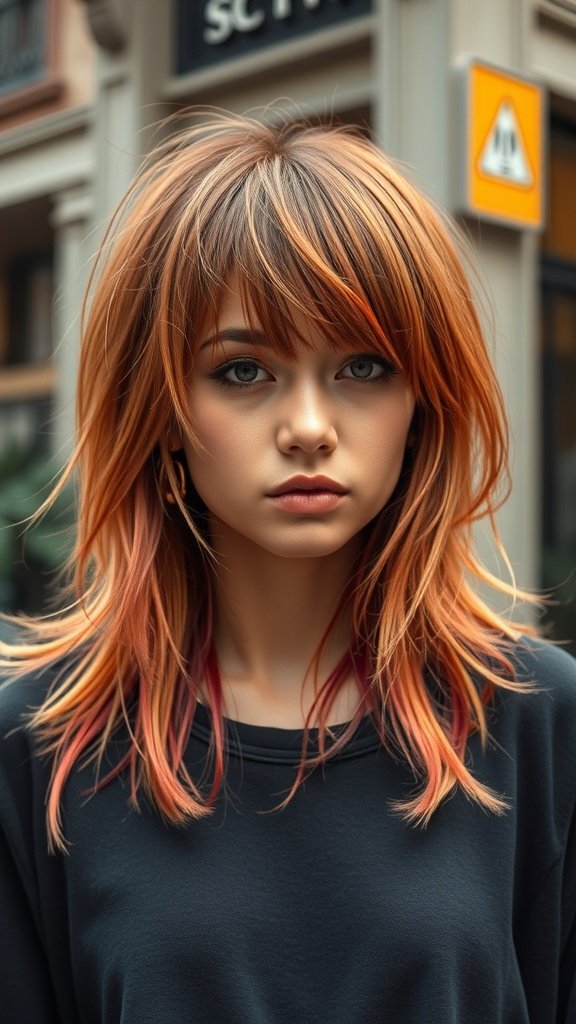 A young woman with a choppy medium length shag hairstyle featuring long bangs, showcasing vibrant hair colors.