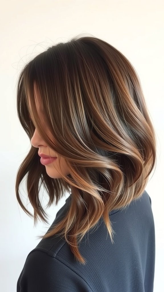 A woman with sleek shoulder-length ash brown hair styled in a middle part.