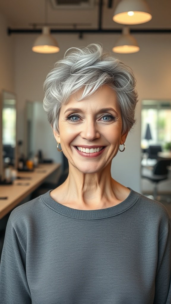 A smiling older woman with a pixie haircut featuring curled ends, showcasing a stylish and modern look.