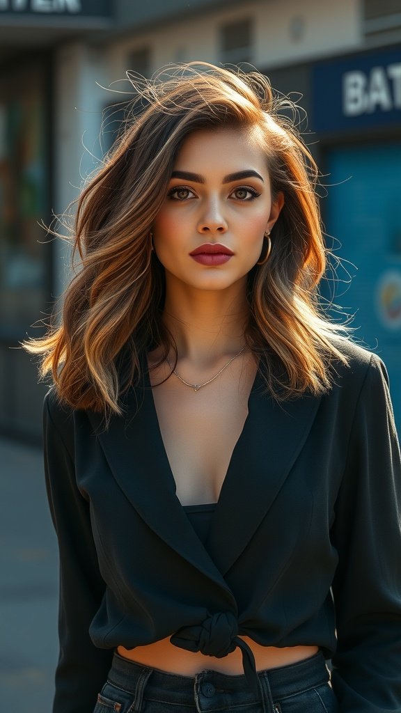 A woman with shoulder length waves and textured ends, wearing a black top and looking confidently at the camera.