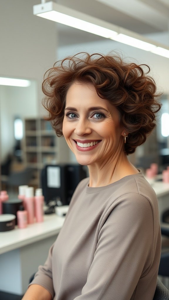 A woman with a voluminous curly pixie hairstyle, smiling in a salon setting.