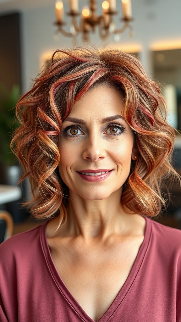 A woman with an asymmetrical curly bob hairstyle, featuring warm tones and playful curls.