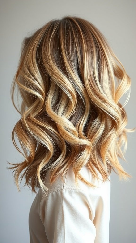 Medium length hairstyle with fluffy curled layers and blended colors