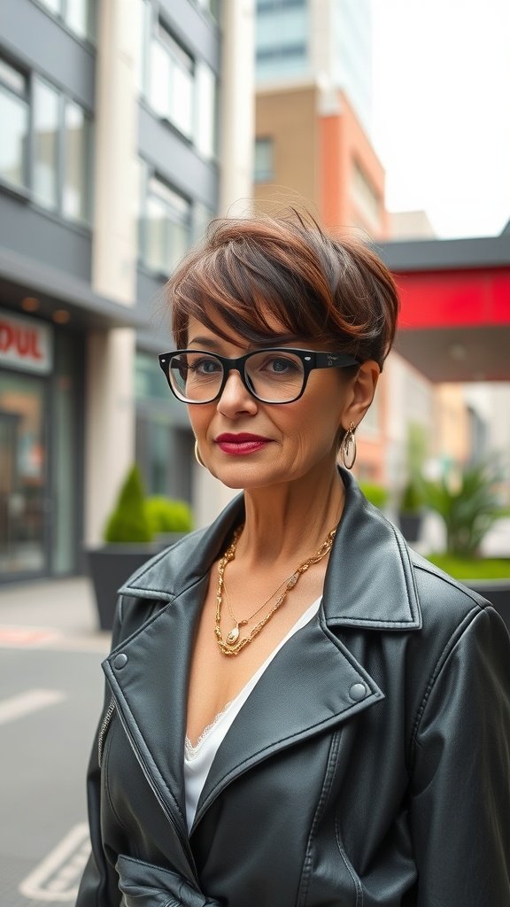 A woman with an edgy pixie haircut and long bangs, wearing glasses and a leather jacket, standing in an urban setting.