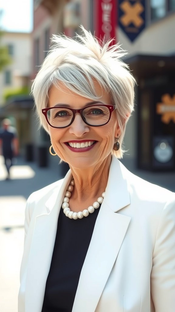 An older woman with a pixie haircut featuring a feathered top, wearing glasses and a pearl necklace, smiling confidently.
