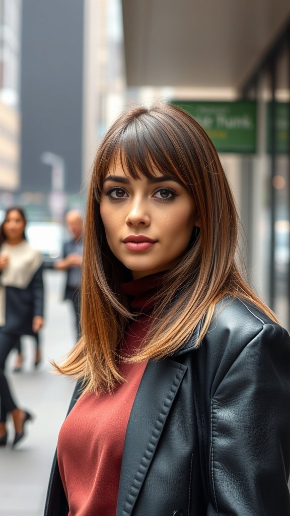 A woman with straight medium-length hair featuring angled layers, styled elegantly in an urban setting.
