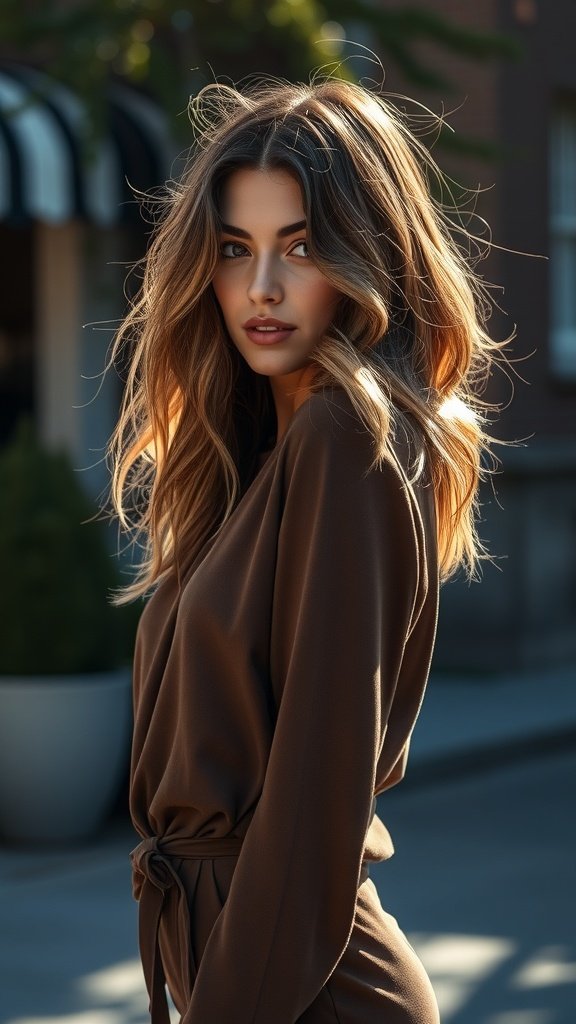 A woman with cascading layers on wavy medium-length hair, looking stylish and confident.