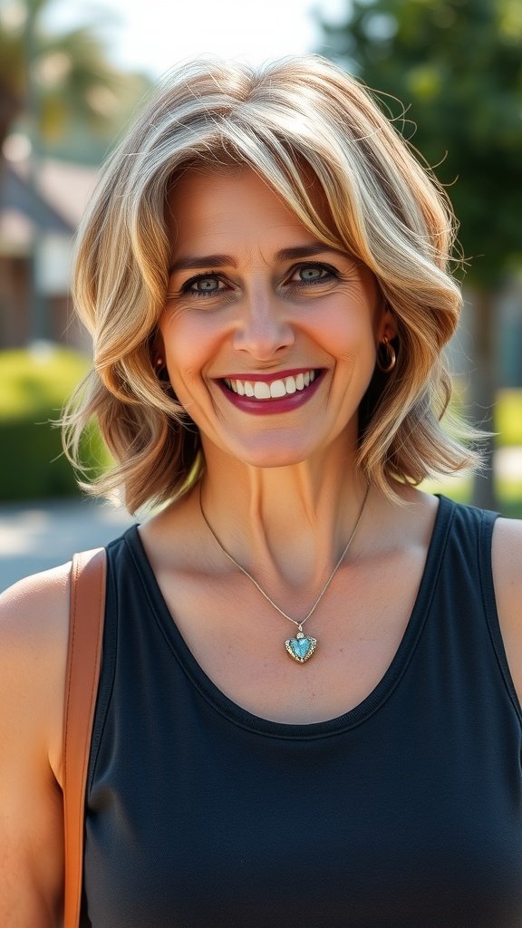 A woman with a layered bob hairstyle and side fringe, smiling outdoors.