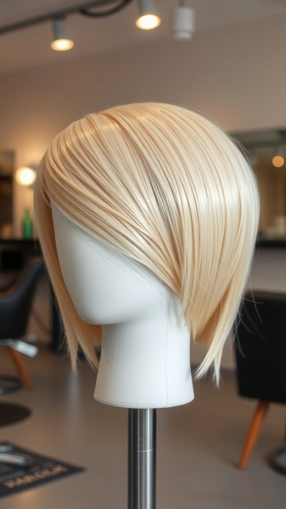 A sharp angled blonde hairstyle displayed on a mannequin, showcasing its sleek and modern design.