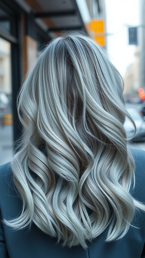 A woman with long, wavy hair colored in a blend of silver and ice blue, showcasing a stylish and modern look.