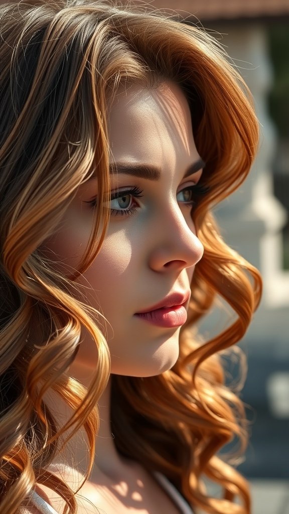 A close-up of a woman with amber glazed brown curls, showcasing warm highlights and soft waves.