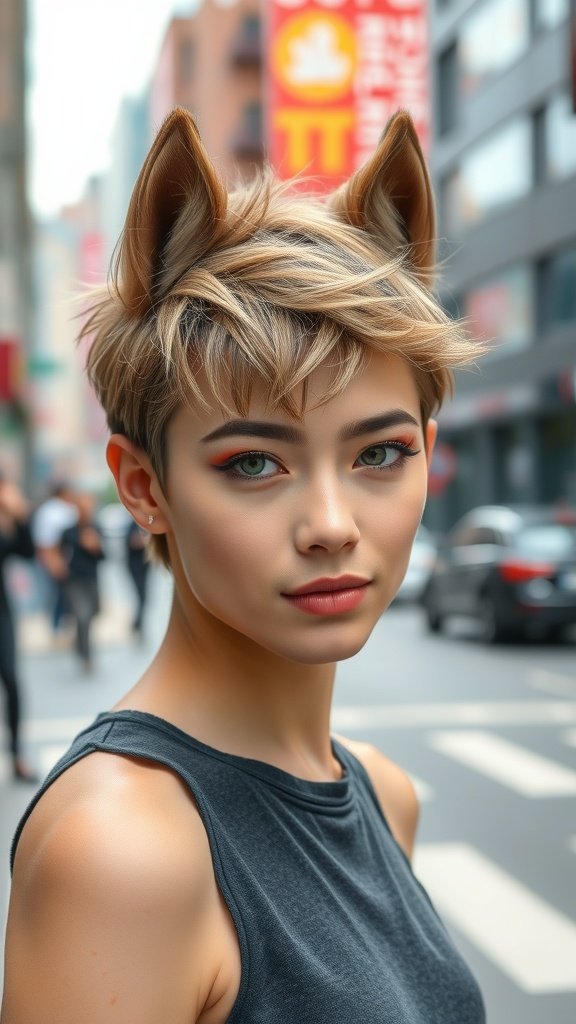 A person with an angular wolf cut hairstyle, featuring sharp layers and a modern look, standing in an urban setting.