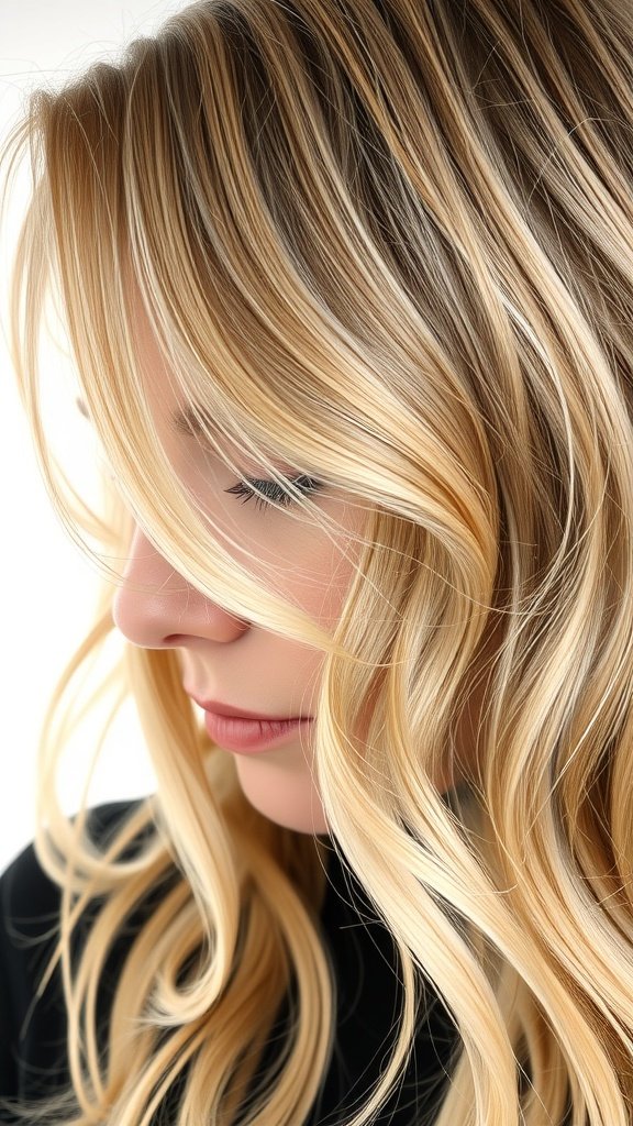 A close-up of a woman with ash blonde hair featuring honey highlights, styled in soft waves.