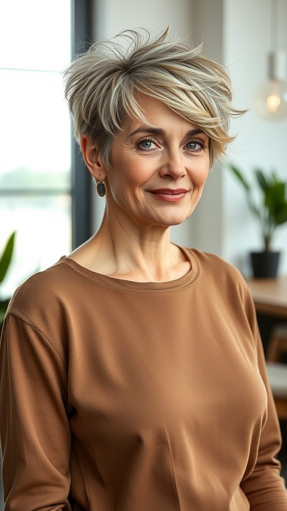 A woman with fine hair wearing an asymmetrical edgy pixie hairstyle, looking confident and stylish.