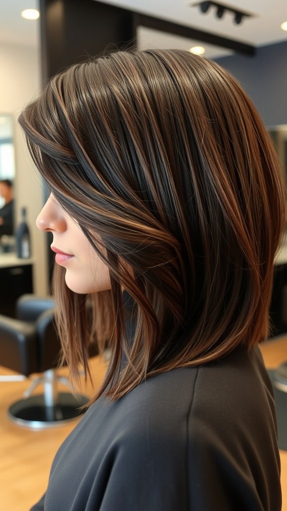 A woman with an asymmetrical lob haircut featuring razor edges, showcasing thick hair.