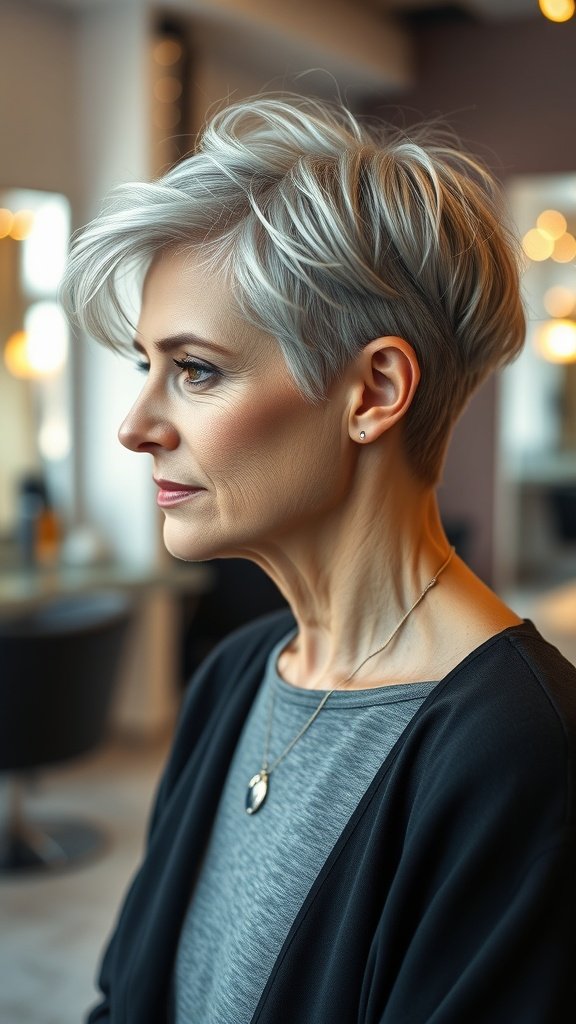 A stylish older woman with an asymmetrical undercut pixie hairstyle, showcasing a modern and flattering look.