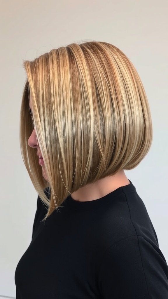 A woman with a blunt bob hairstyle featuring a subtle side undercut, showcasing smooth, straight strands.