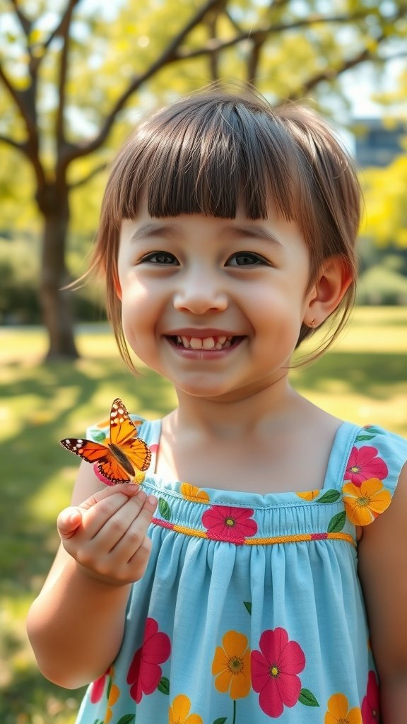 A young girl with a blunt cut hairstyle and micro bangs, holding a butterfly in a park.