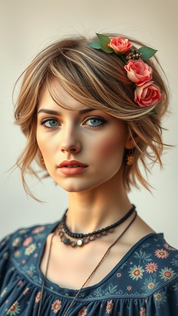 A woman with a bohemian pixie haircut featuring loose waves and floral accessories.