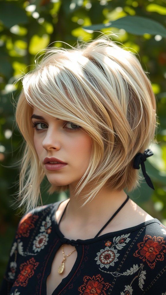 A woman with a bohemian pixie haircut featuring loose waves, wearing a floral top.