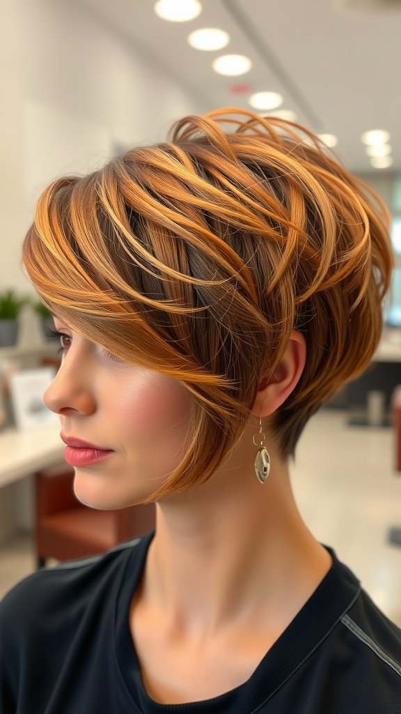 A woman with a short pixie cut featuring bold caramel swirls, showcasing a stylish and modern look.