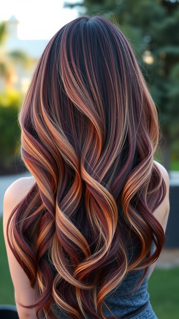 Burgundy to rose gold ombre hair with flowing curls