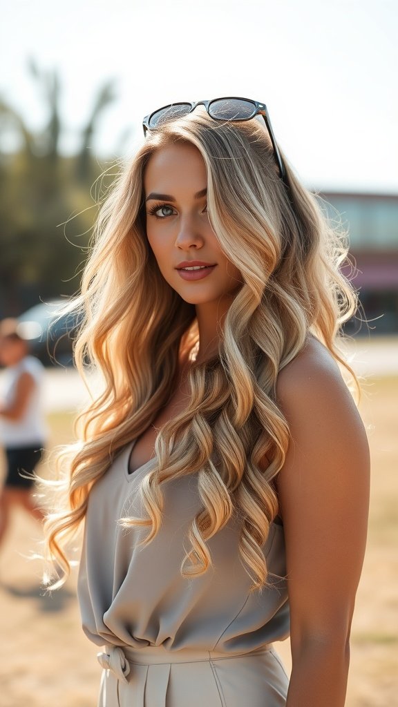 A woman with cascading blonde curls and darkened roots, wearing a light top and sunglasses, standing outdoors.