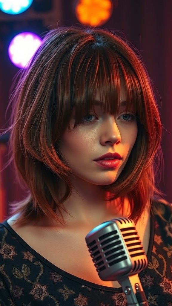 A woman with chestnut shag haircut and bangs, standing in front of a microphone with colorful lights in the background.