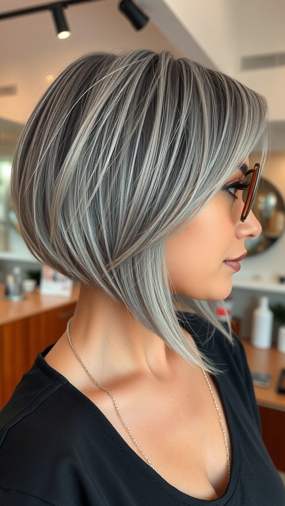 Chin-length bob hairstyle with side-swept bangs, showcasing a modern and stylish look for women over 50.