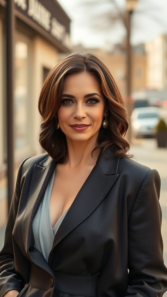 A woman with a chocolate-tousled lob hairstyle, wearing a stylish outfit, exuding confidence.