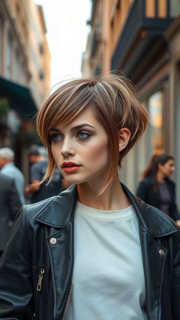 A woman with a choppy pixie bob hairstyle, wearing a leather jacket, standing in a city street.