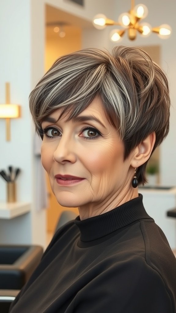 A woman with a choppy pixie haircut and long bangs, showcasing a stylish and modern look.