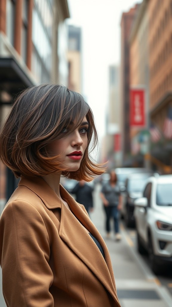 A woman with a classic feathered bob hairstyle, wearing a stylish coat, standing on a city street.
