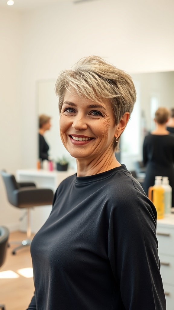 A woman with a classic feathered pixie hairstyle, smiling in a salon setting.