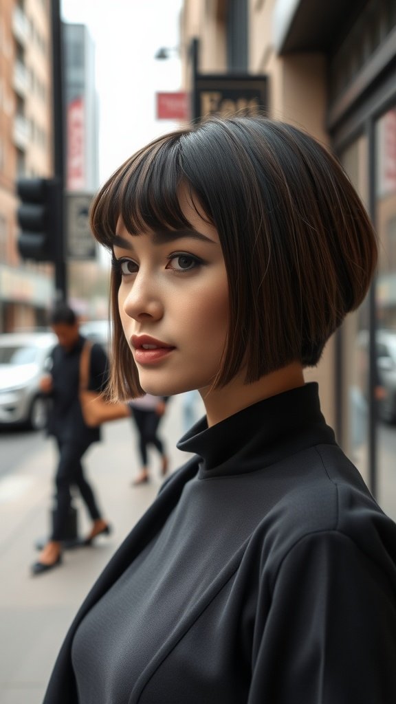 A woman with a classic middle-parted micro bob hairstyle, standing on a city street.
