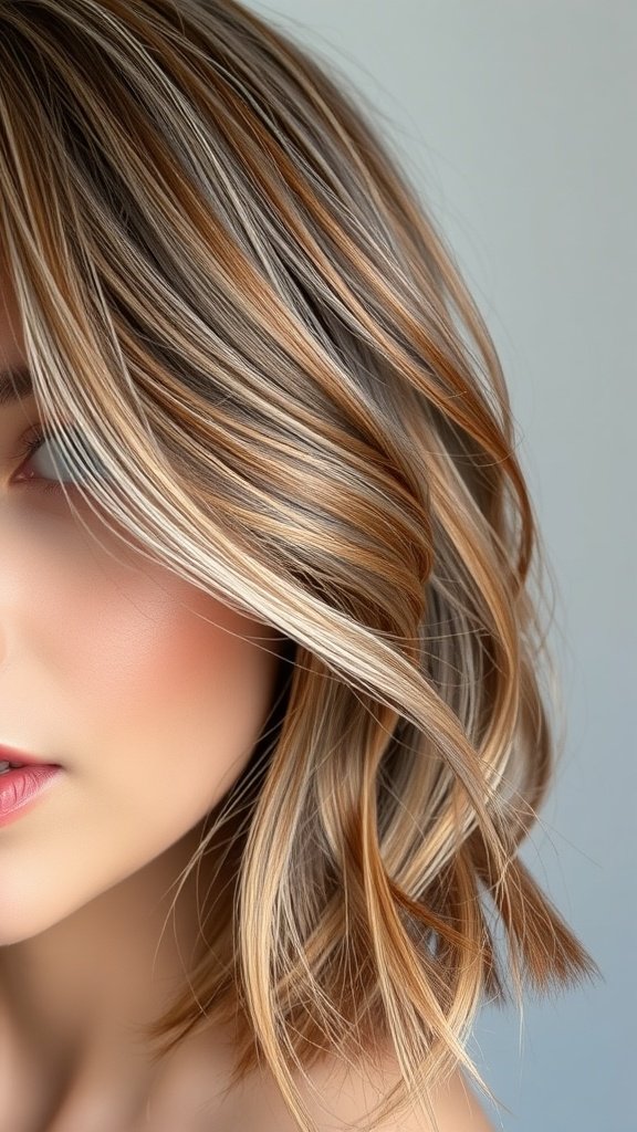 A close-up of a woman with copper hair featuring a fringe and subtle gray undertones.