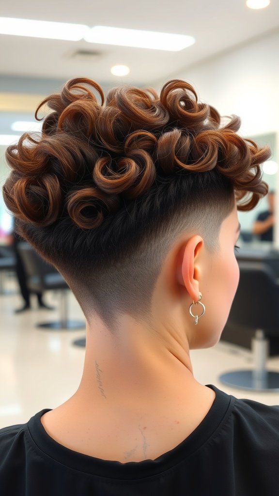 A stylish curly pixie hairstyle with an undercut, showcasing voluminous curls on top and a sleek, short back.
